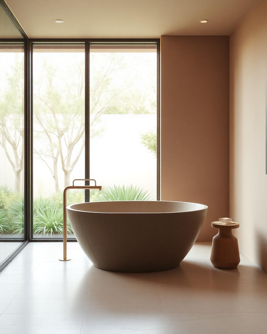 Serene bathroom with stone tub overlooking garden
