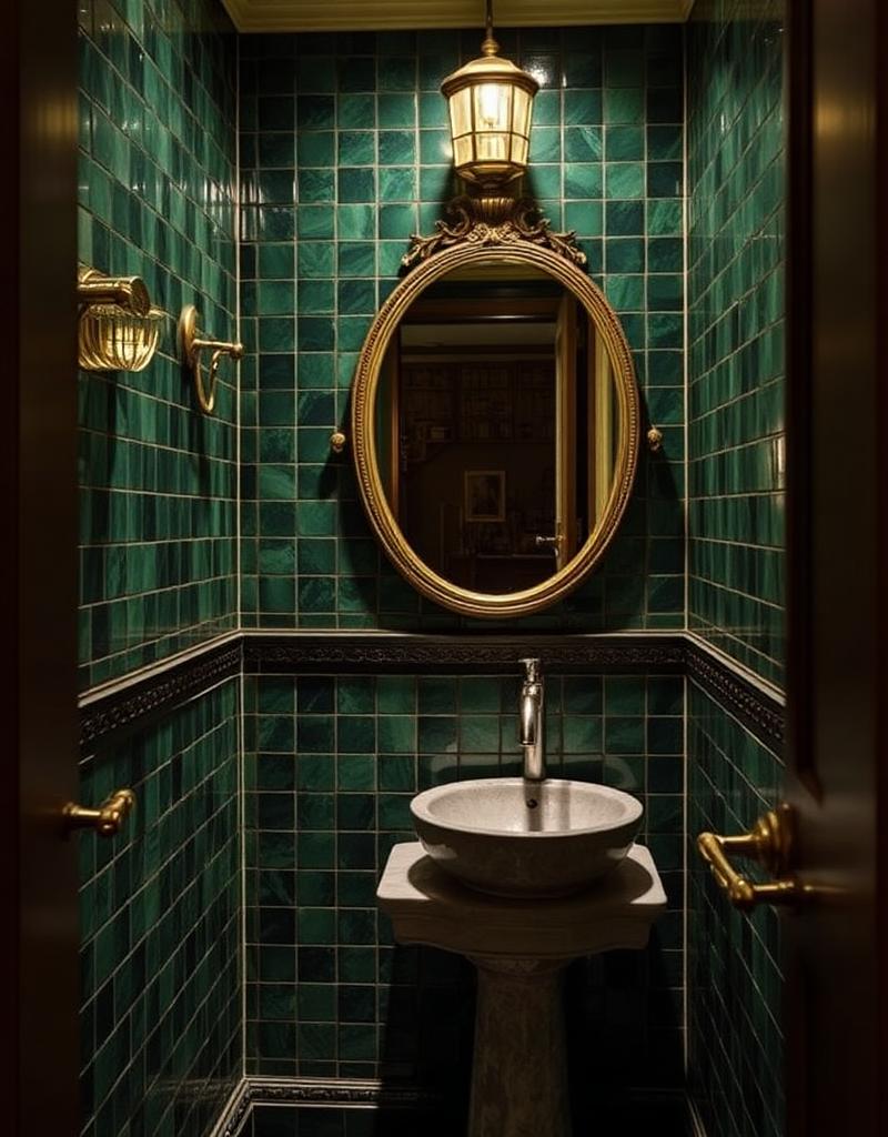 Powder room with green tile